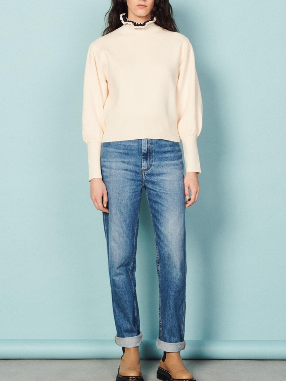 Sandro White High Neck Crochet Sweater